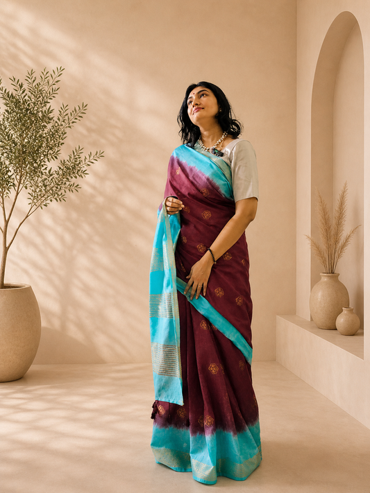 Dark Maroon & Blue Cotton Viscose Saree