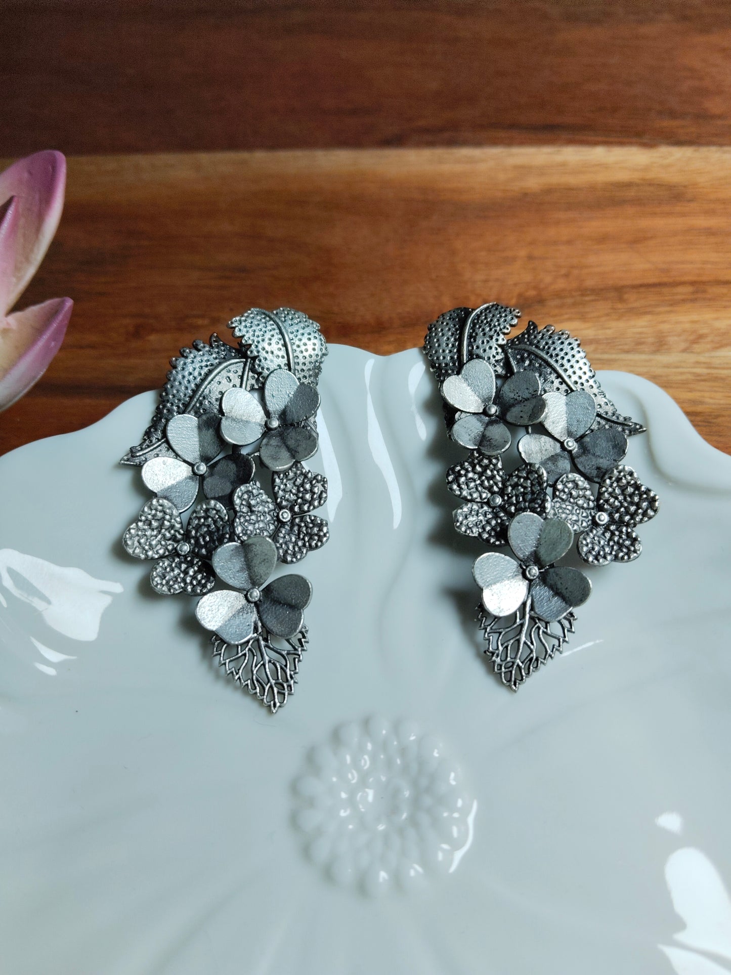 Oxidised Silver Plated Handcrafted Floral Drop Earrings