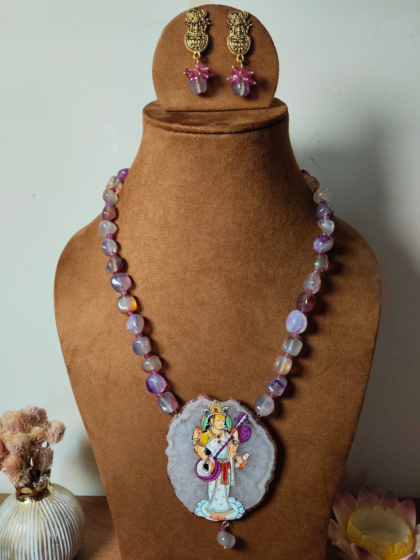 Goddess Saraswathi Handpainted Agate Pendant with Purple Onyx Beads Necklace Set
