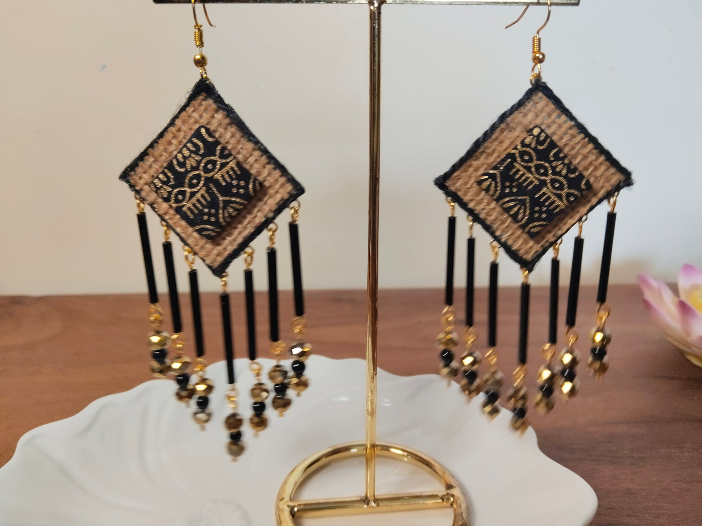 Black & Gold Fabric with Jute Boho Statement Earrings