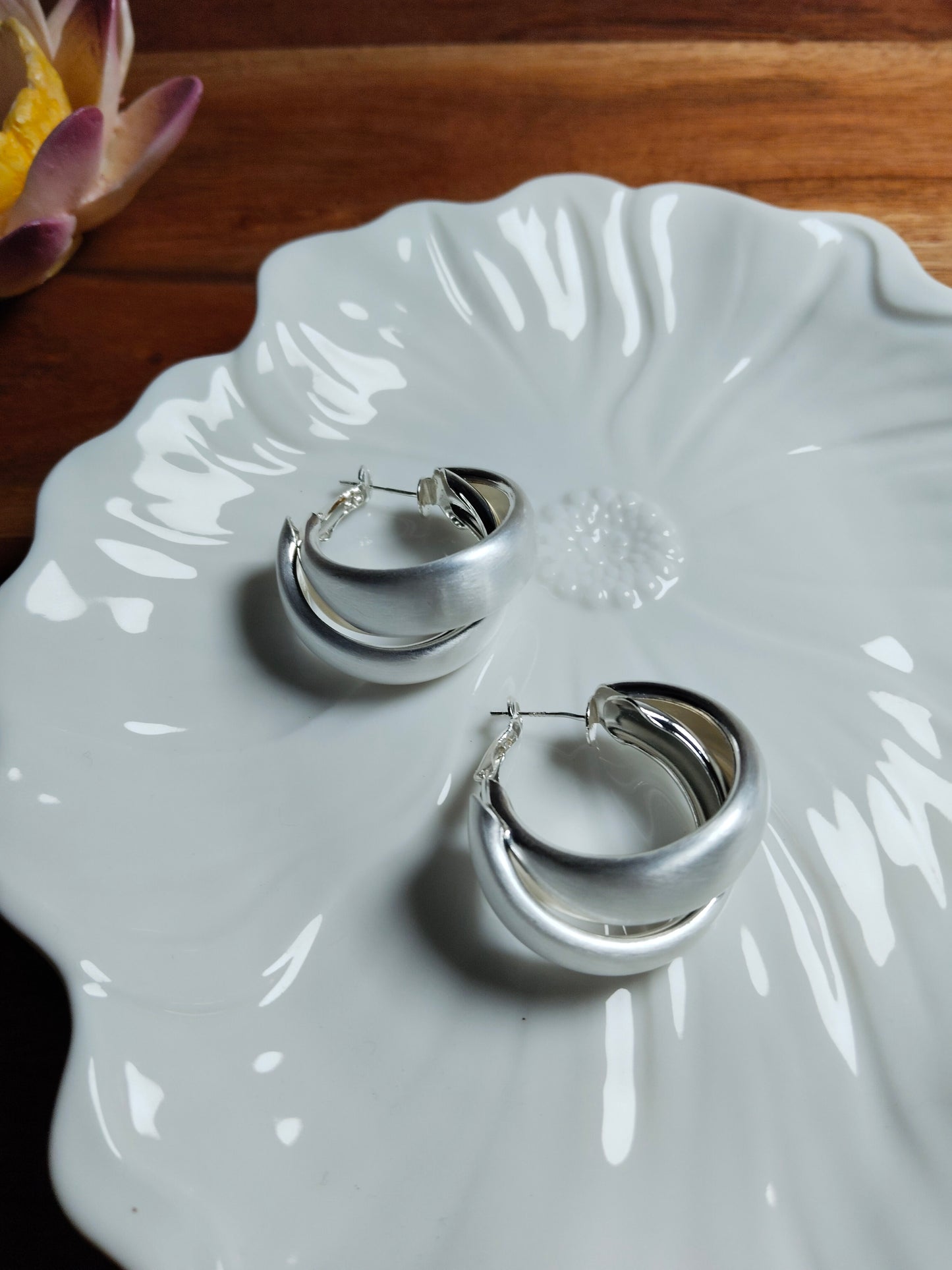 Rhodium Plated Matte Finish Hoop Earrings