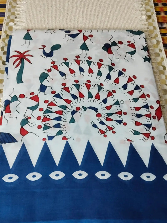 White & Blue Handblock Print Saree