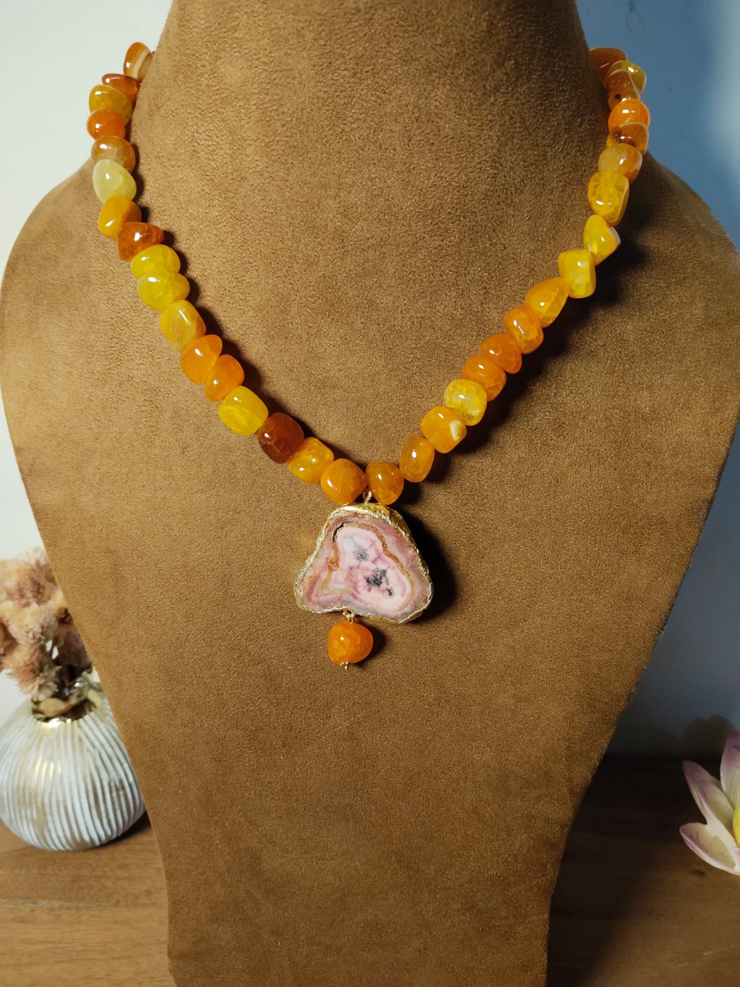 Agate Pendant with Orange Onyx Beaded Chain