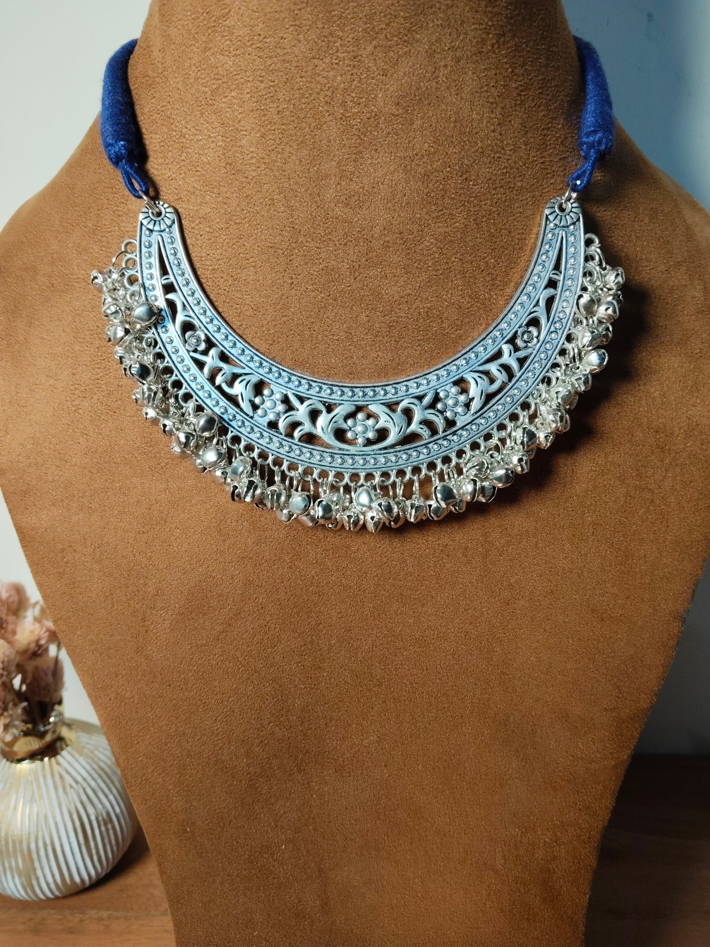 Blue Threaded Silver Choker Necklace