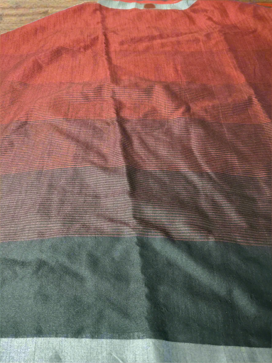 Black & Red Linen Blend Striped Saree