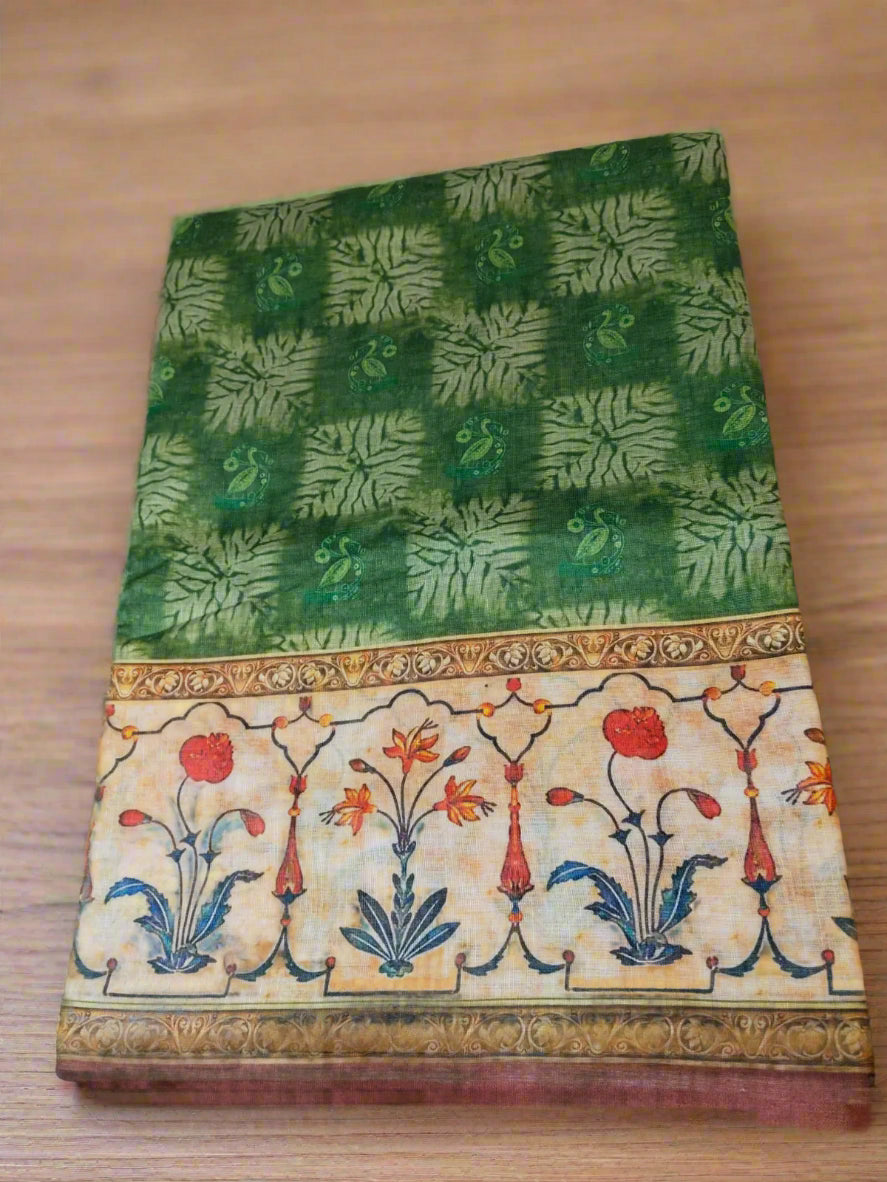 Green Linen Blend Block Print Saree with Kalamkari Print Pallu