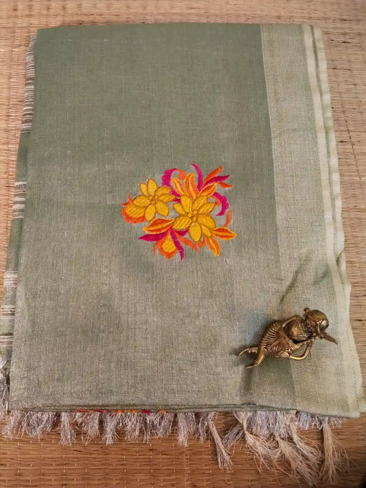 Pastel Green Embroidered Zari Linen Saree