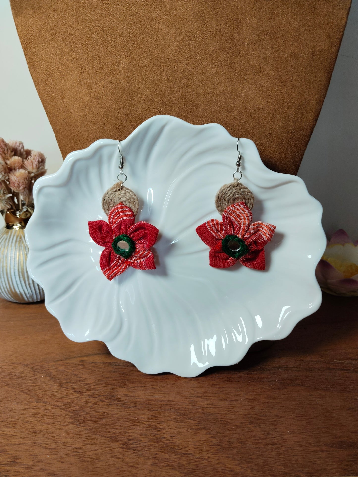 Red Orange Green Mirror Work Fabric & Jute Handmade Earrings