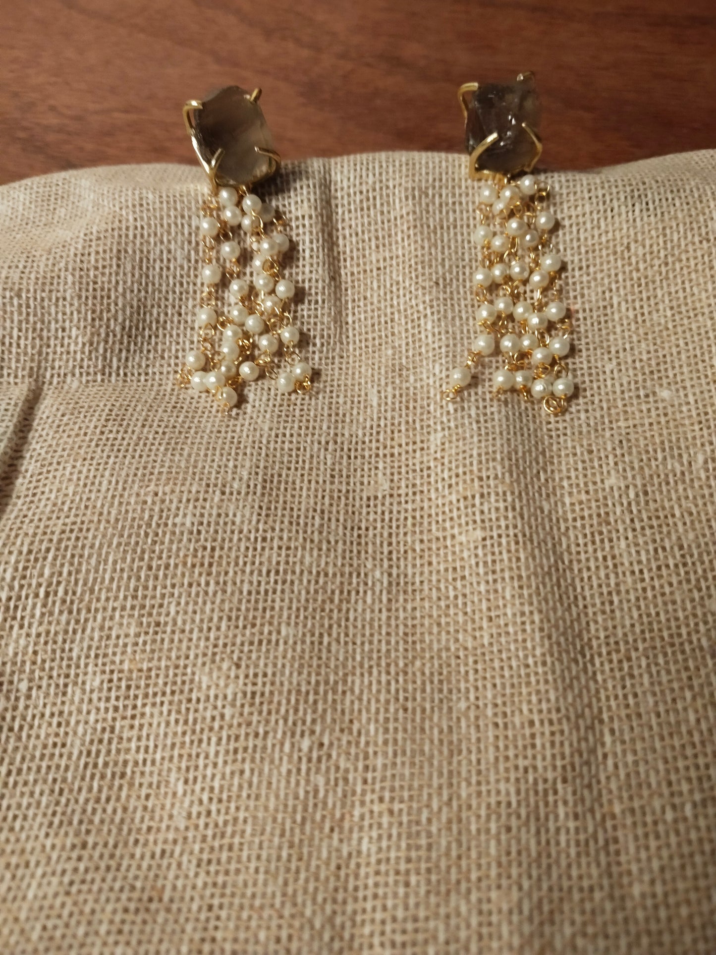 Smoky Quartz Pearl Tassel Raw Stone Earrings