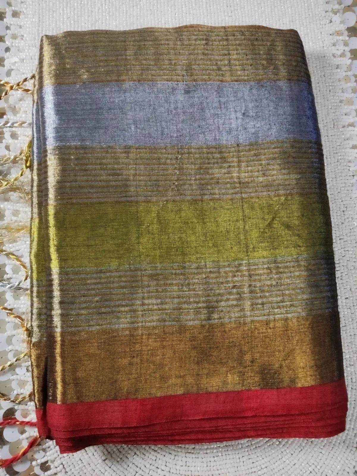 Silver, Green & Copper Tissue Saree