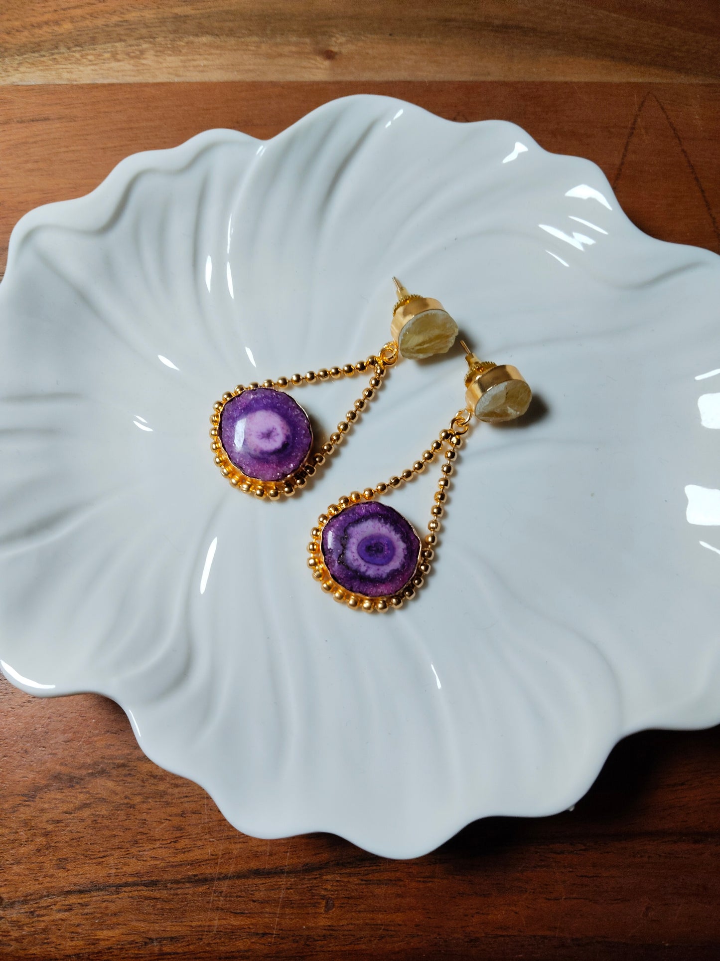 Lemon Quartz & Purple Agate Stone Gold Polished Earrings