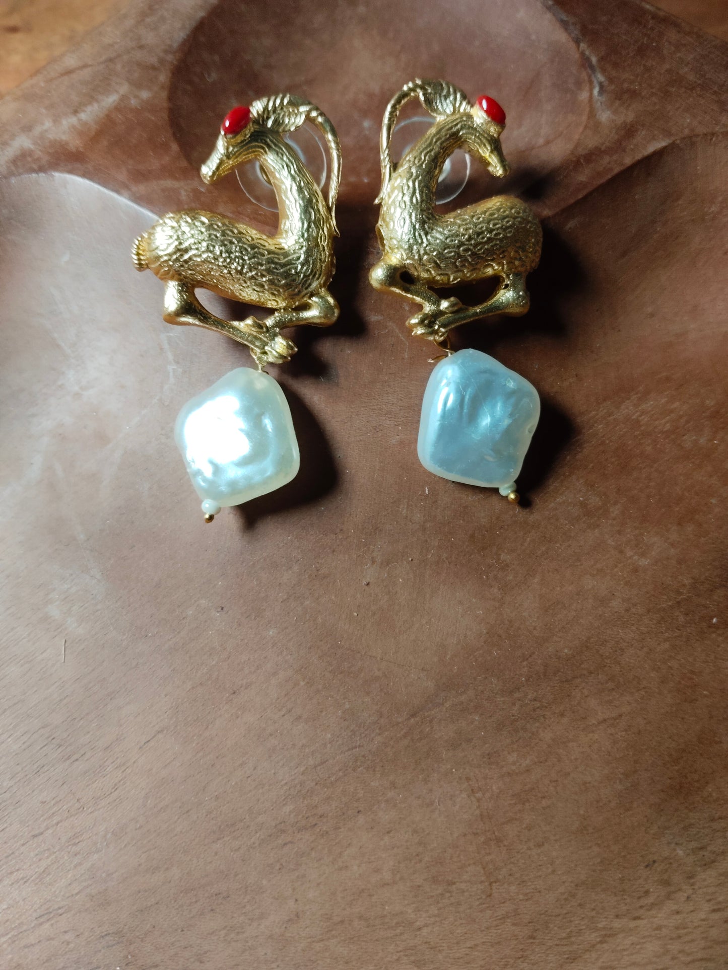 Gold Polished Pearl Deer Earrings