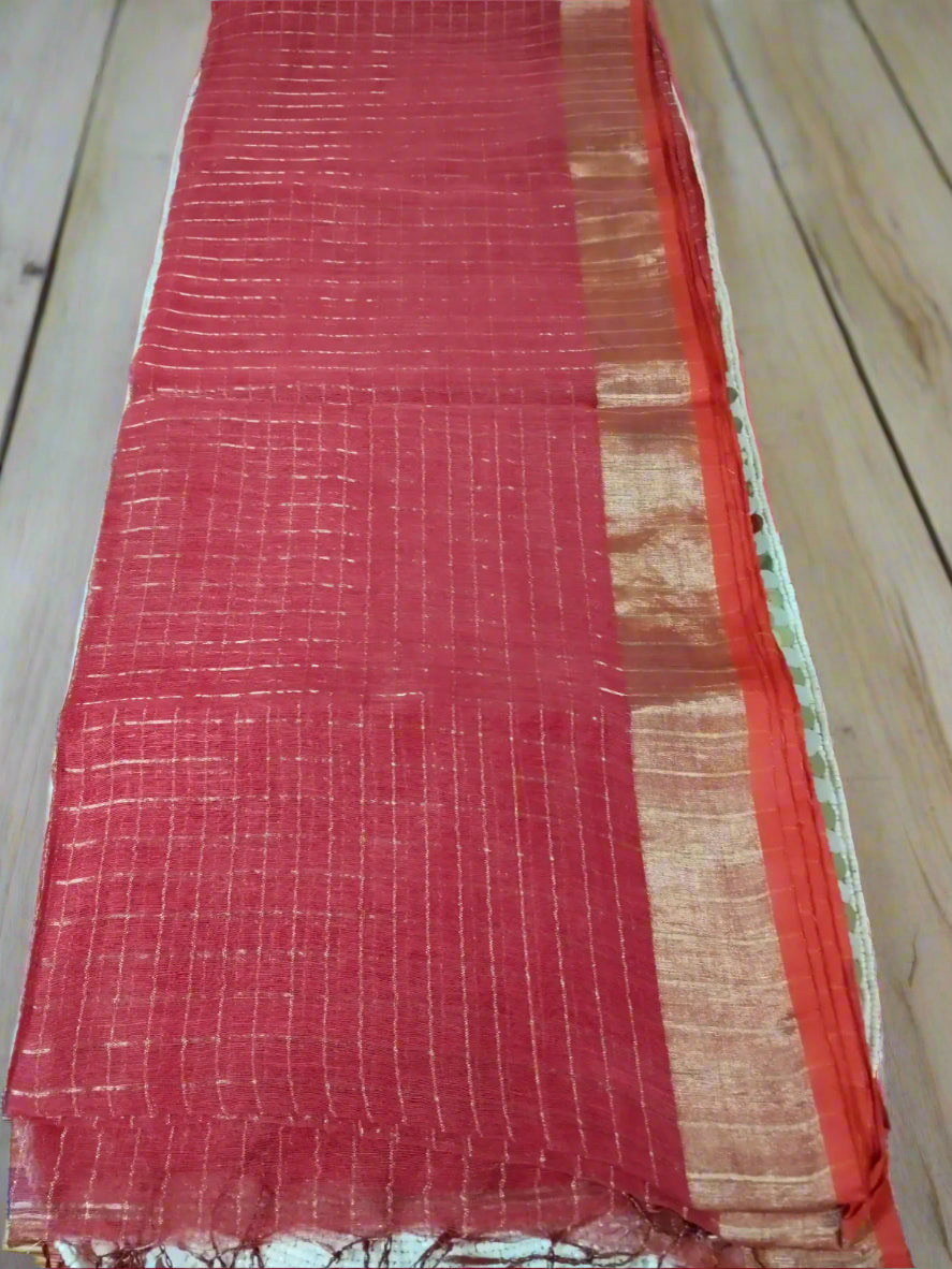 Deep Orange & Gold Handwoven Linen Silk Zari Saree