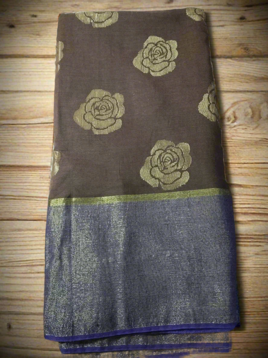 Brown & Purple Cotton Acrylic Saree with Floral Zari