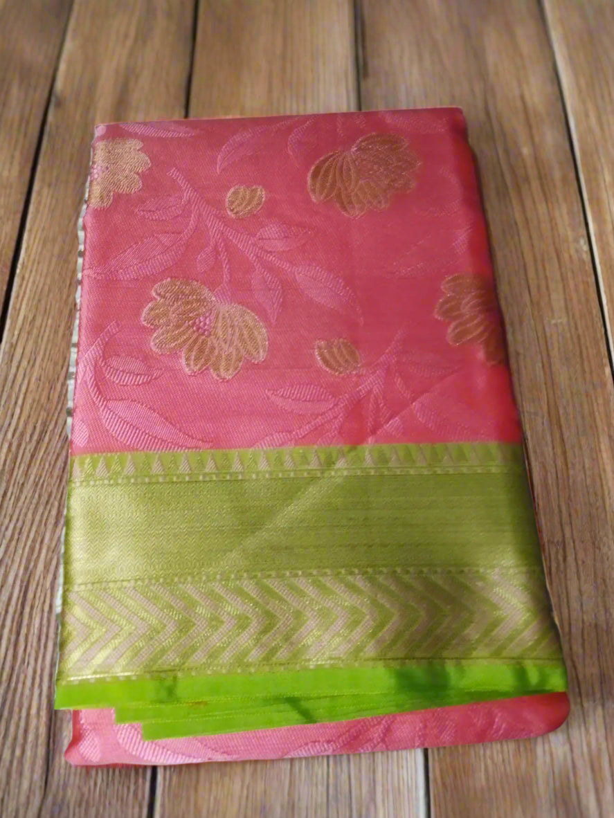 Peach Kora Muslin Saree with Jaal Design & Floral Border