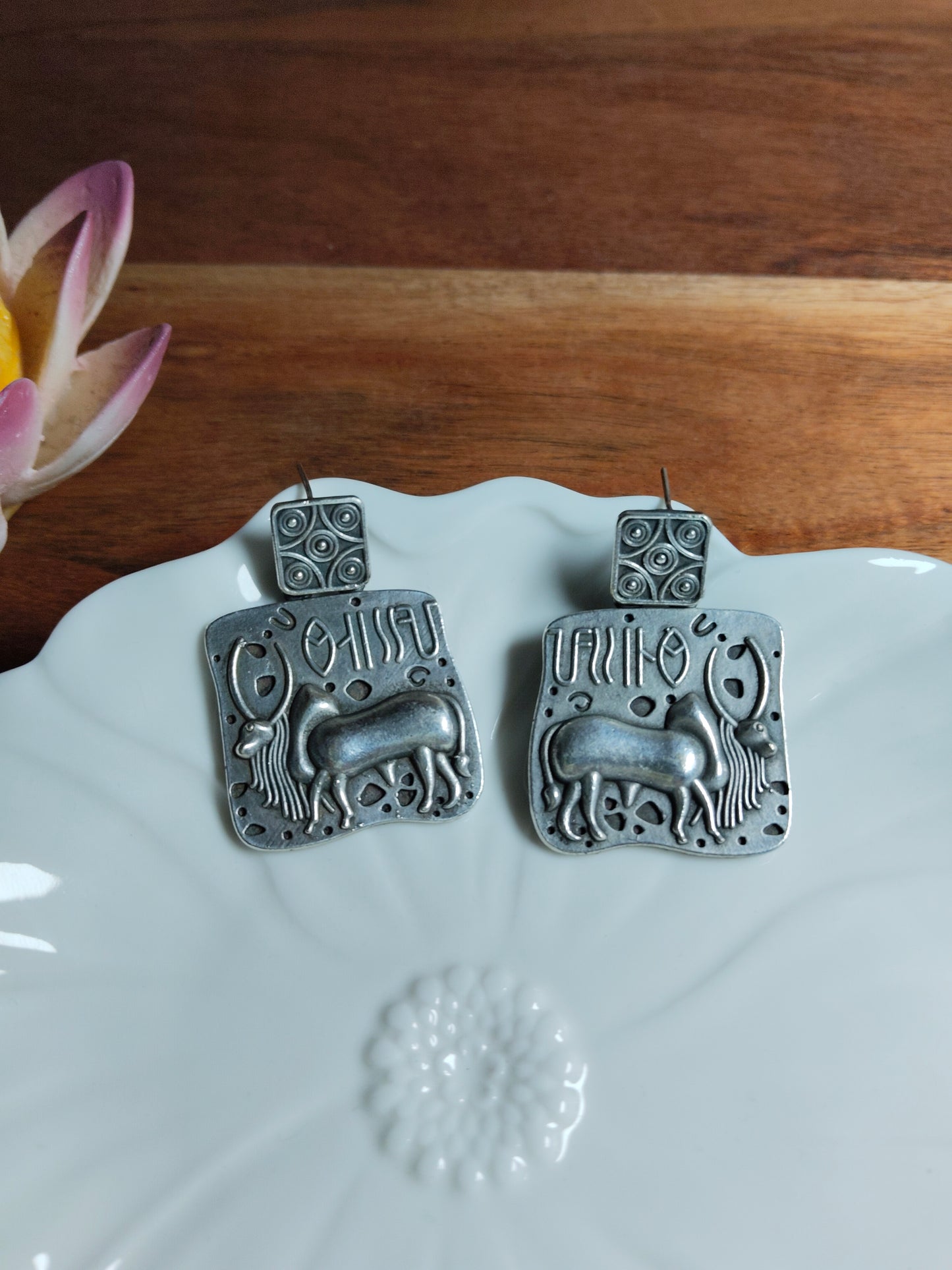 Oxidised Silver Tribal Bull Earrings