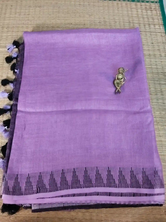 Purple Handloom Linen Saree with Temple Border