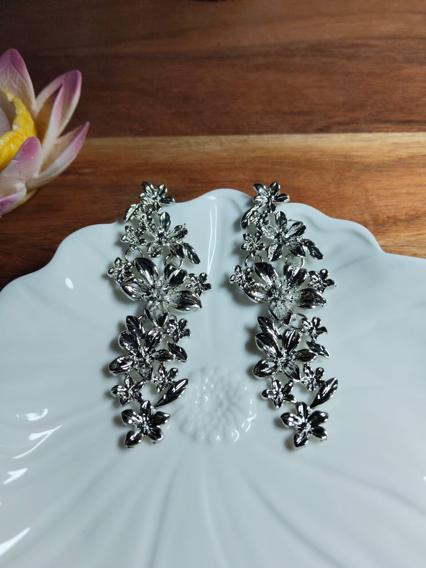 Silver Plated Floral Design Drop Earrings