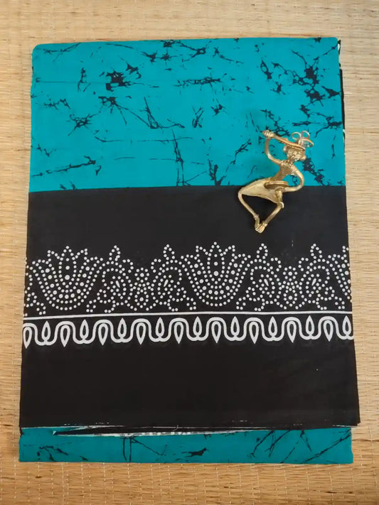 Green & Black Handloom Mul Cotton Hand Block Print Saree