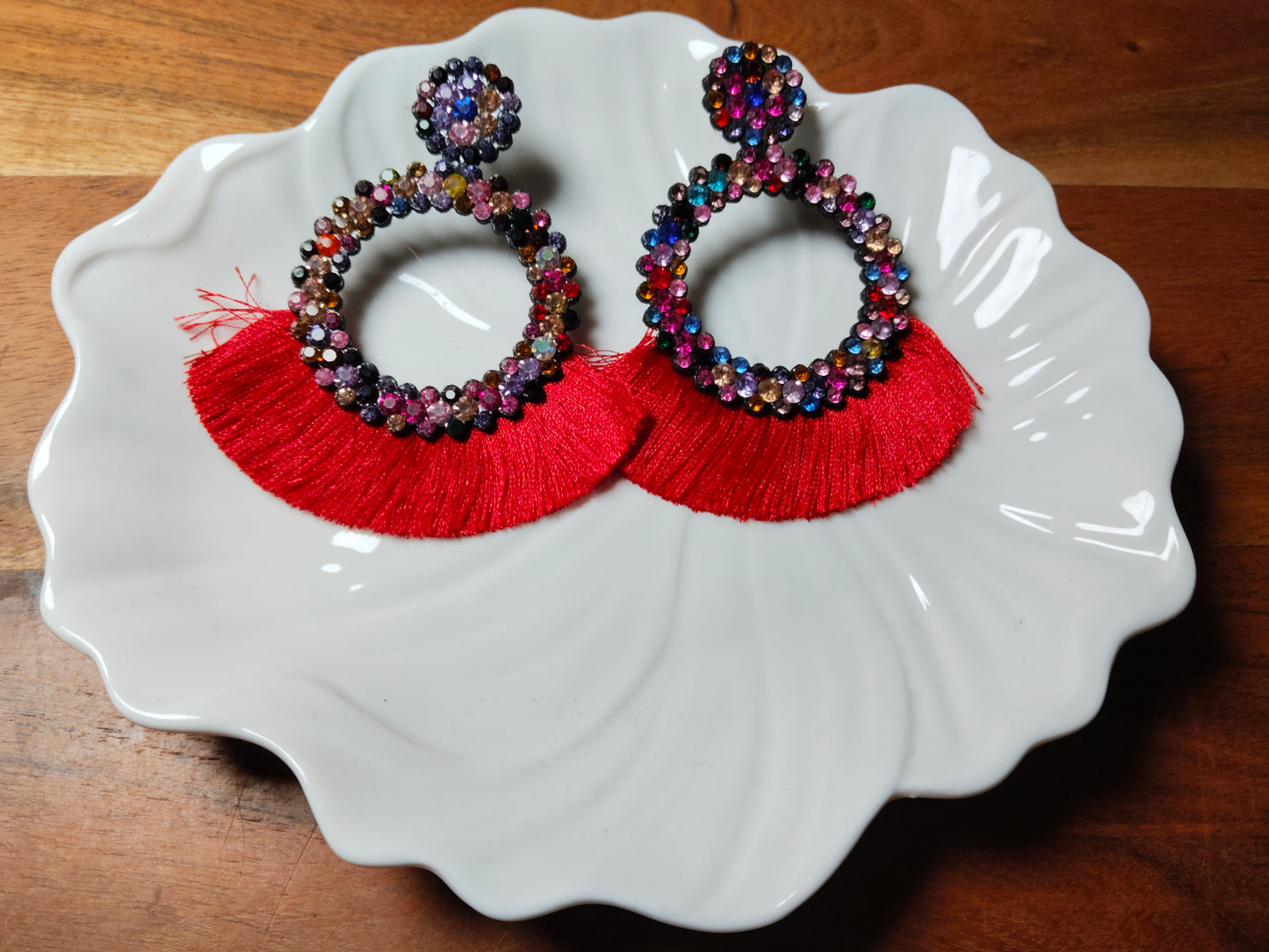 Red Studded & Tasseled Thread Earrings