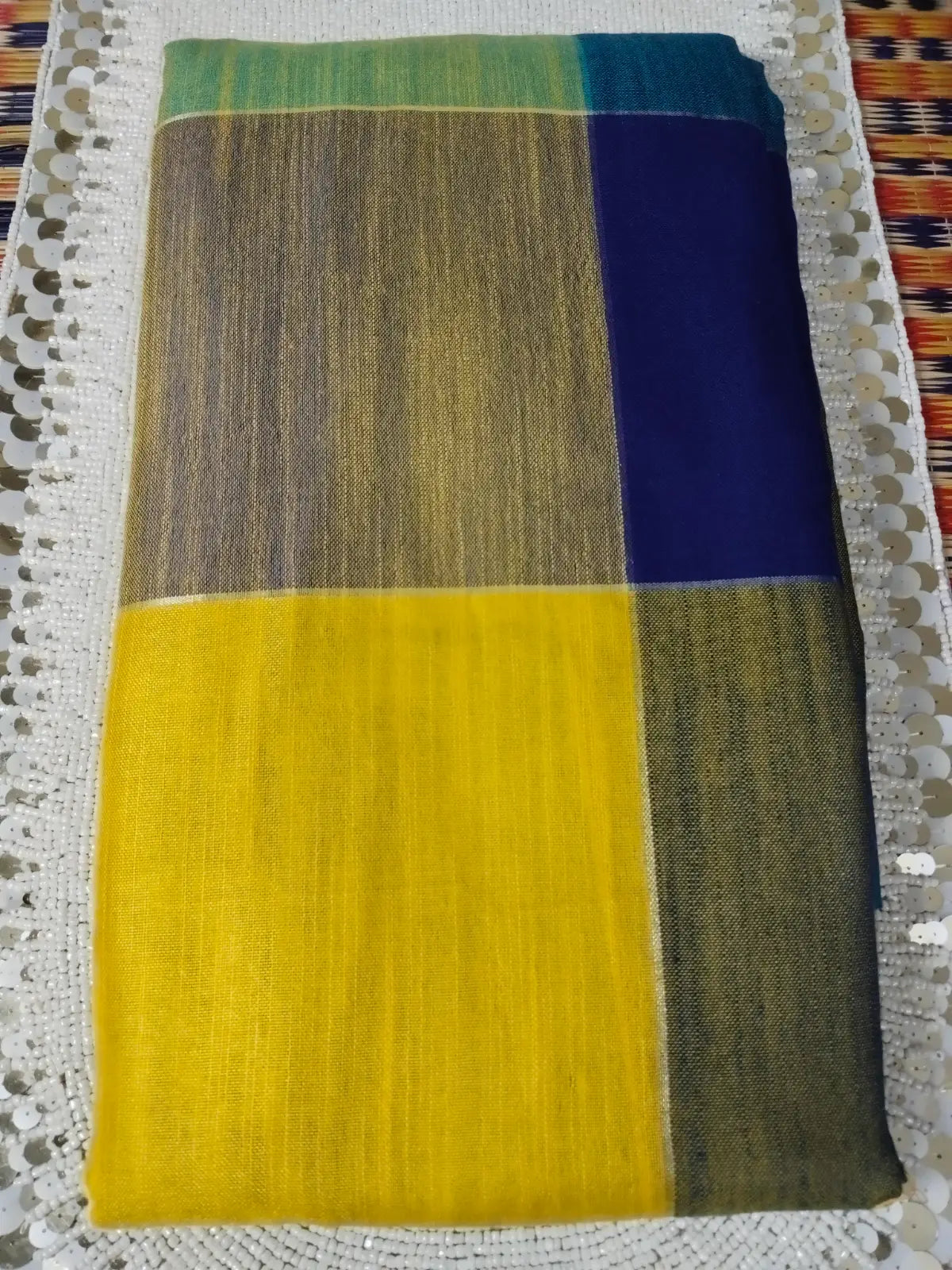 Green Linen Blend Checked Saree