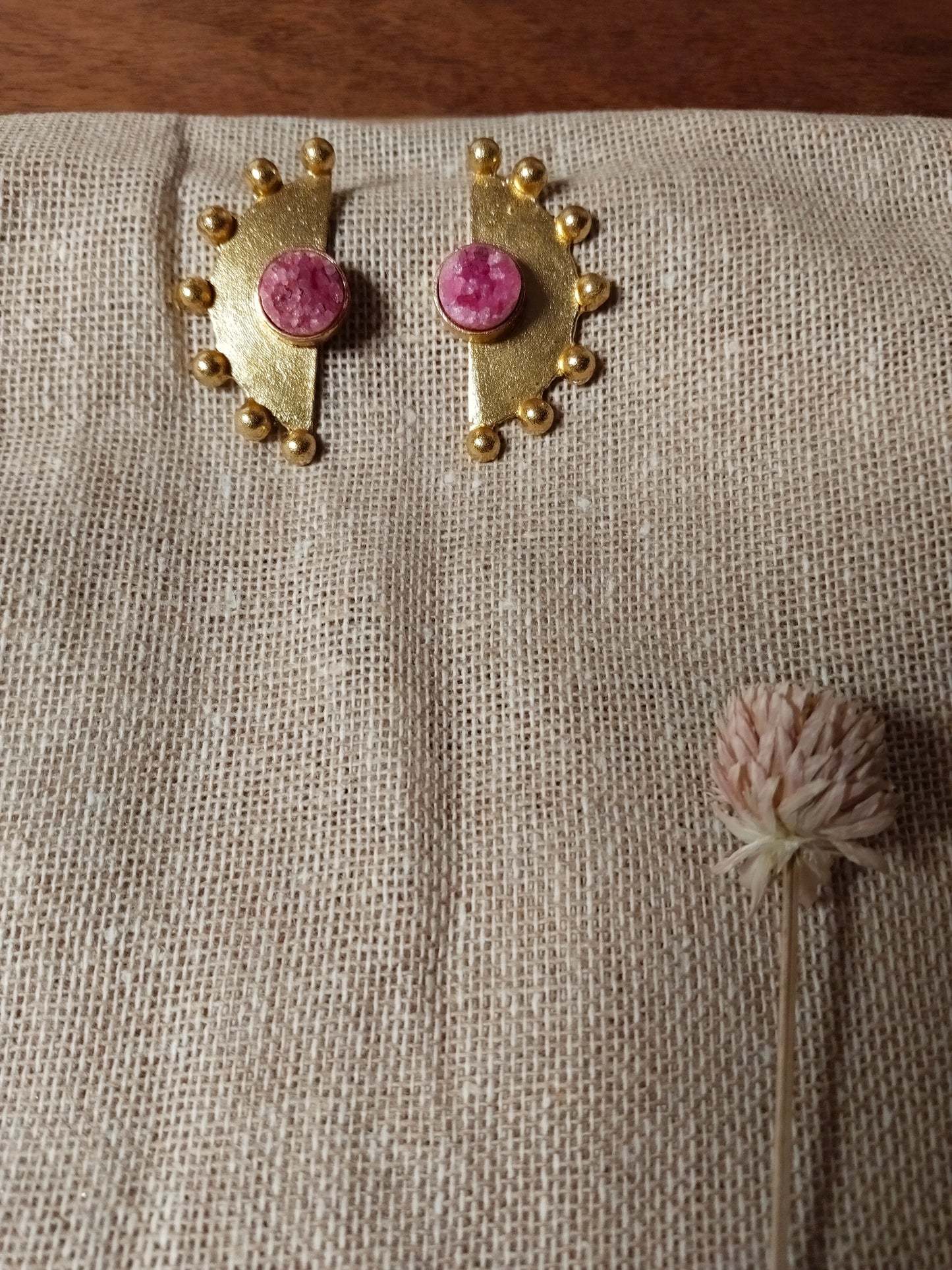 Dark Pink Druzy & Textured Gold Semicircle Studs