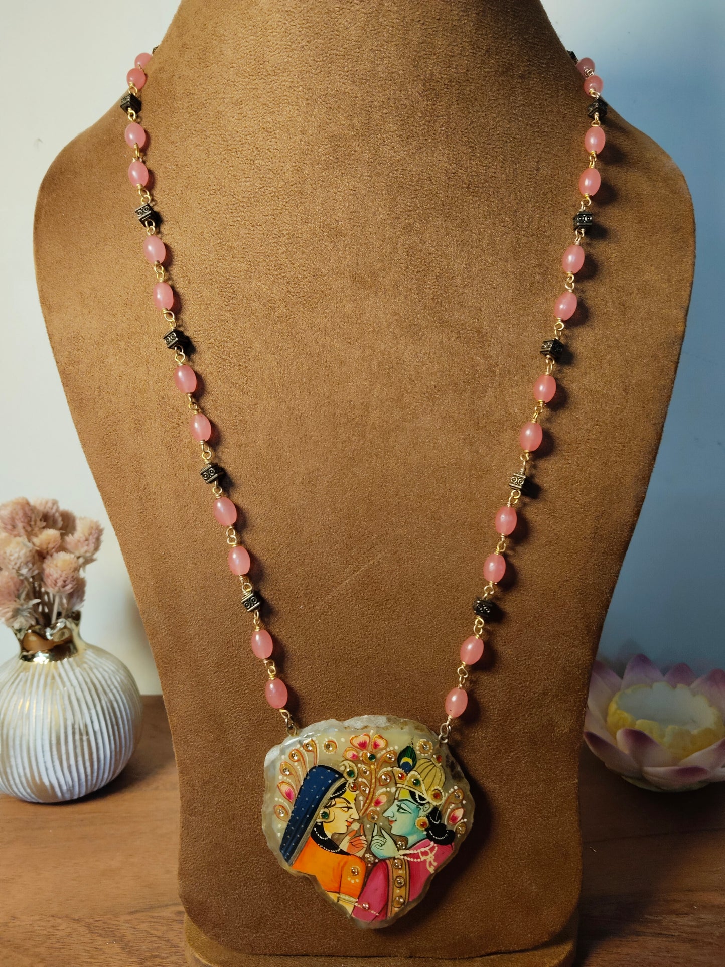 Lord Krishna Radha Handpainted Agate Pendant with Pink Beaded Chain