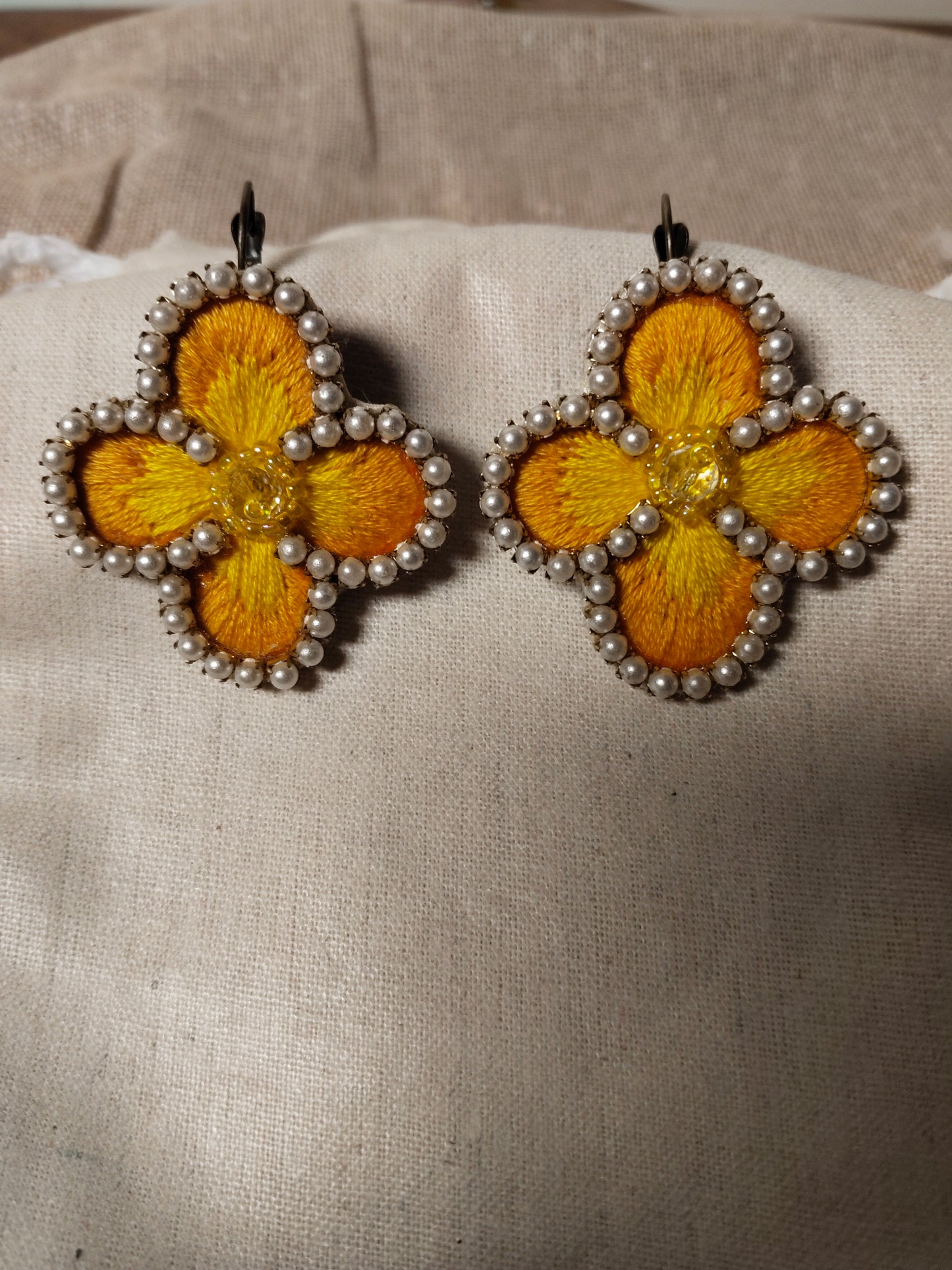 Summer Floral Fabric with Pearls Handmade Statement Earrings