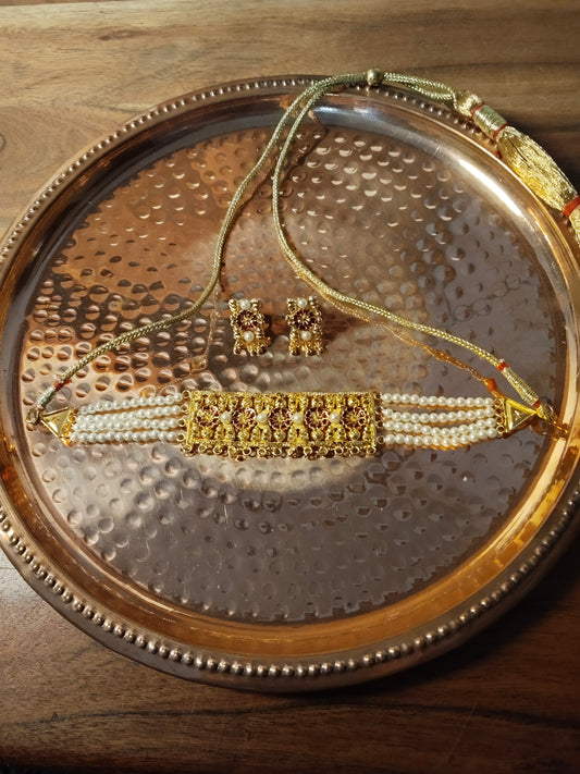 Pearl Beaded Gold Rectangular Design Choker Necklace Set