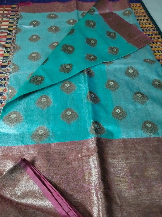 Green Handwoven Tissue Saree with Zari Buta