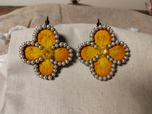 Summer Floral Fabric with Pearls Handmade Statement Earrings