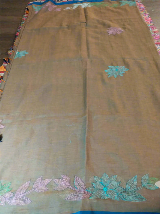 Brown Dual Tone Mul Cotton Saree with Kantha Embroidery