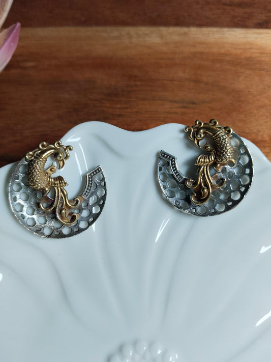 Oxidised Gold & Silver Dual Tone Peacock Design Studs
