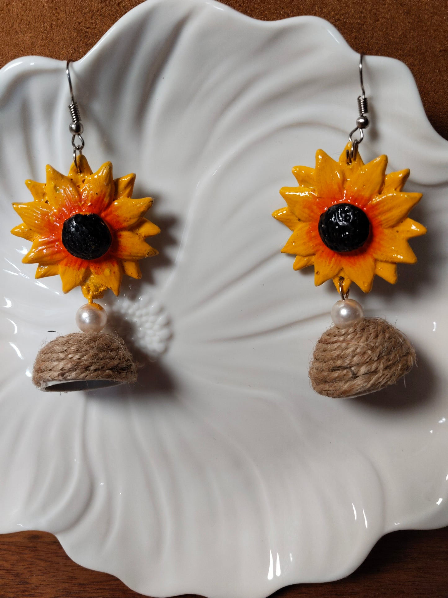 Yellow Clay Sunflower & Jute Handmade Earrings