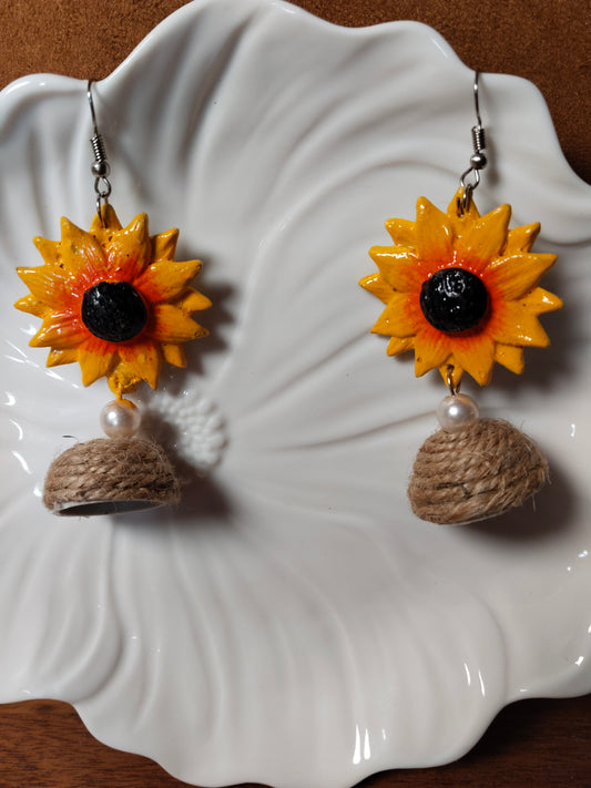 Yellow Clay Sunflower & Jute Handmade Earrings