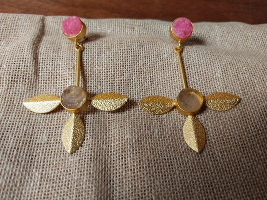 Pink & White Druzy Textured Gold Earrings
