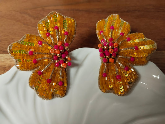 Mustard Orange & Pink Fabric and Beads Earrings