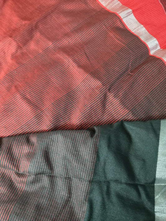 Black & Red Linen Blend Striped Saree