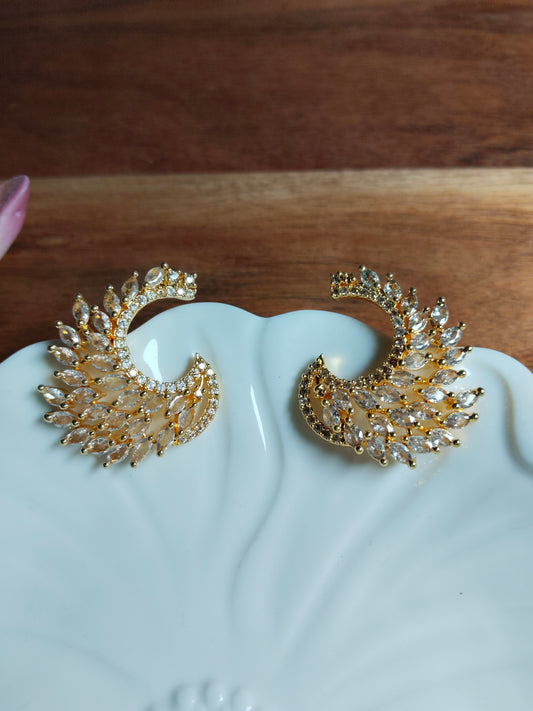 18K Gold Plated Cubic Zirconia Studded Feather Shaped Studs