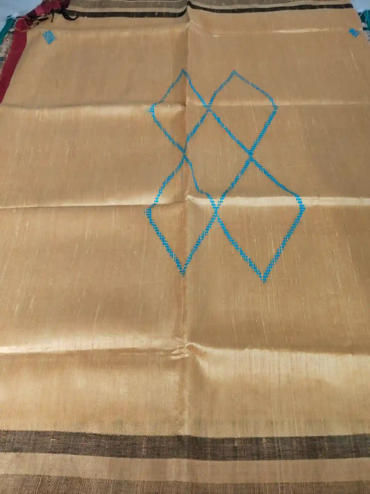 Sandal & Dark Pink Tussar Dupion Silk Saree