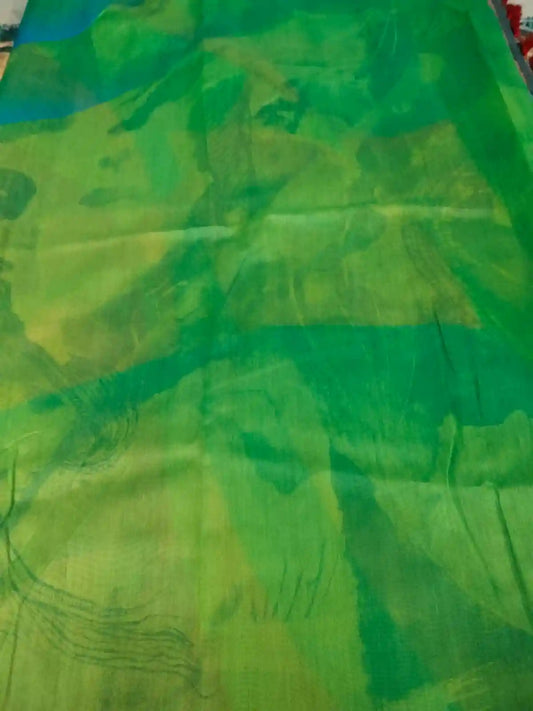 Green Linen Lord Krishna Print Saree