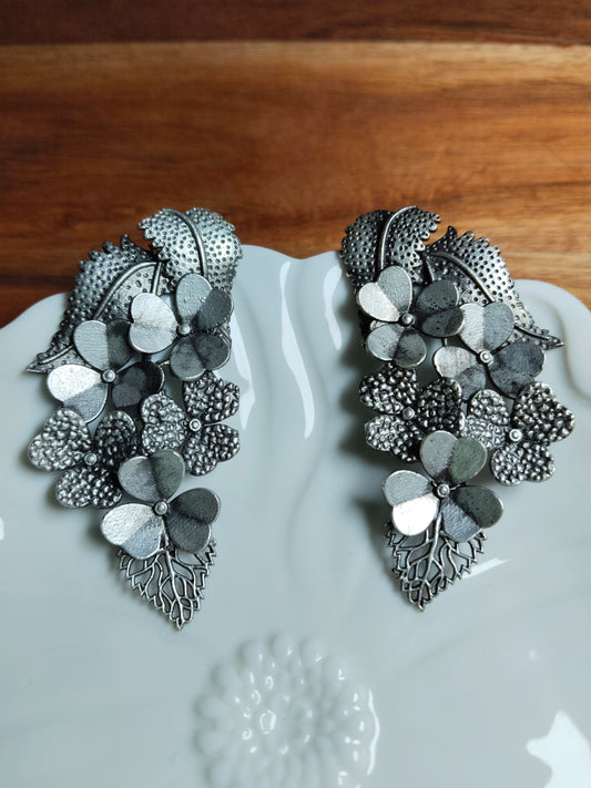 Oxidised Silver Plated Handcrafted Floral Drop Earrings