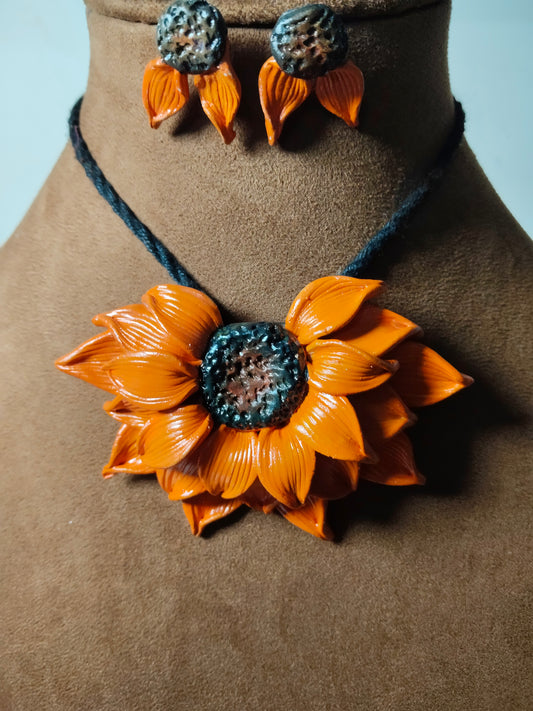 Marigold Orange Clay Sunflower Pendant Chain & Studs
