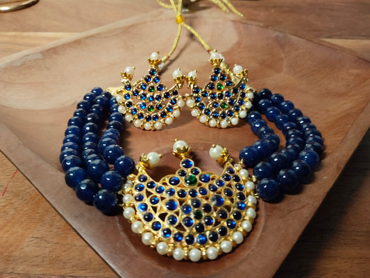 Blue Green Kemp and Blue Bead & Pearl Crescent Necklace Set