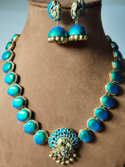 Peacock Green & Blue Clay Necklace Set