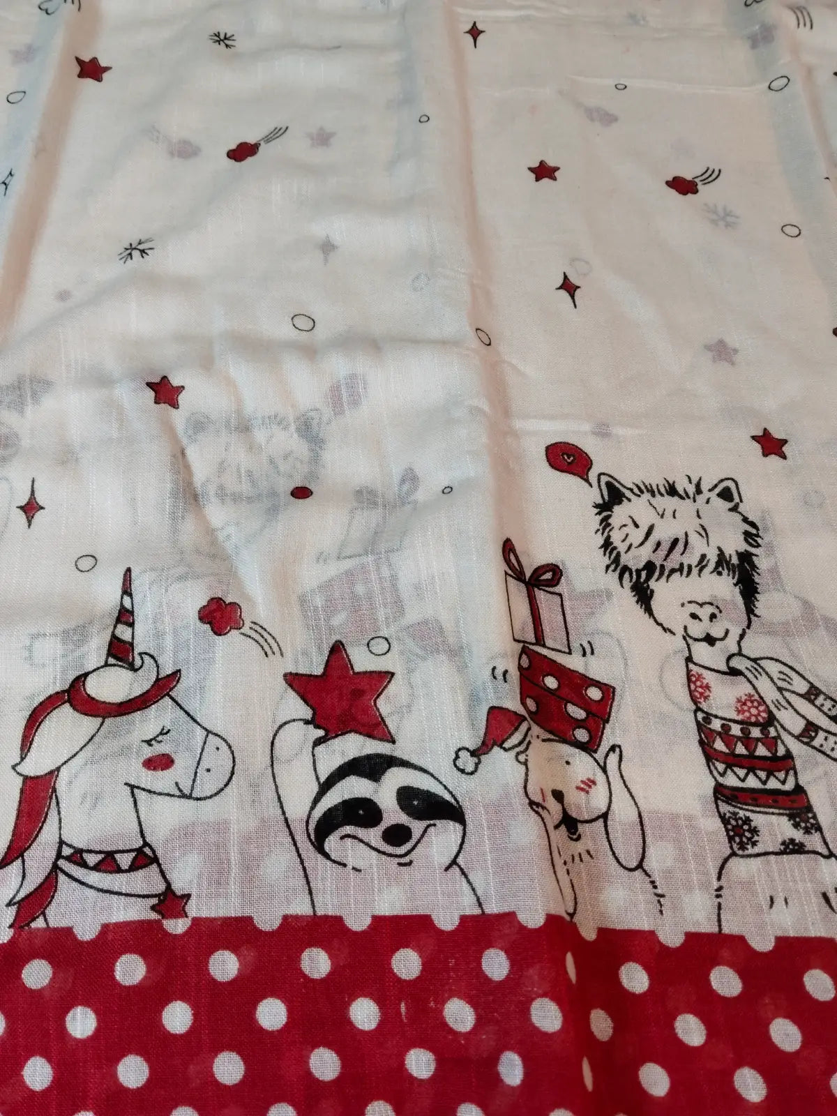 Cream & Red Organic Linen Christmas Theme Saree