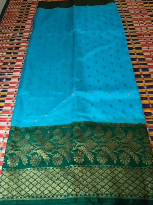 Sea Green & Green Handwoven Semi Silk Saree
