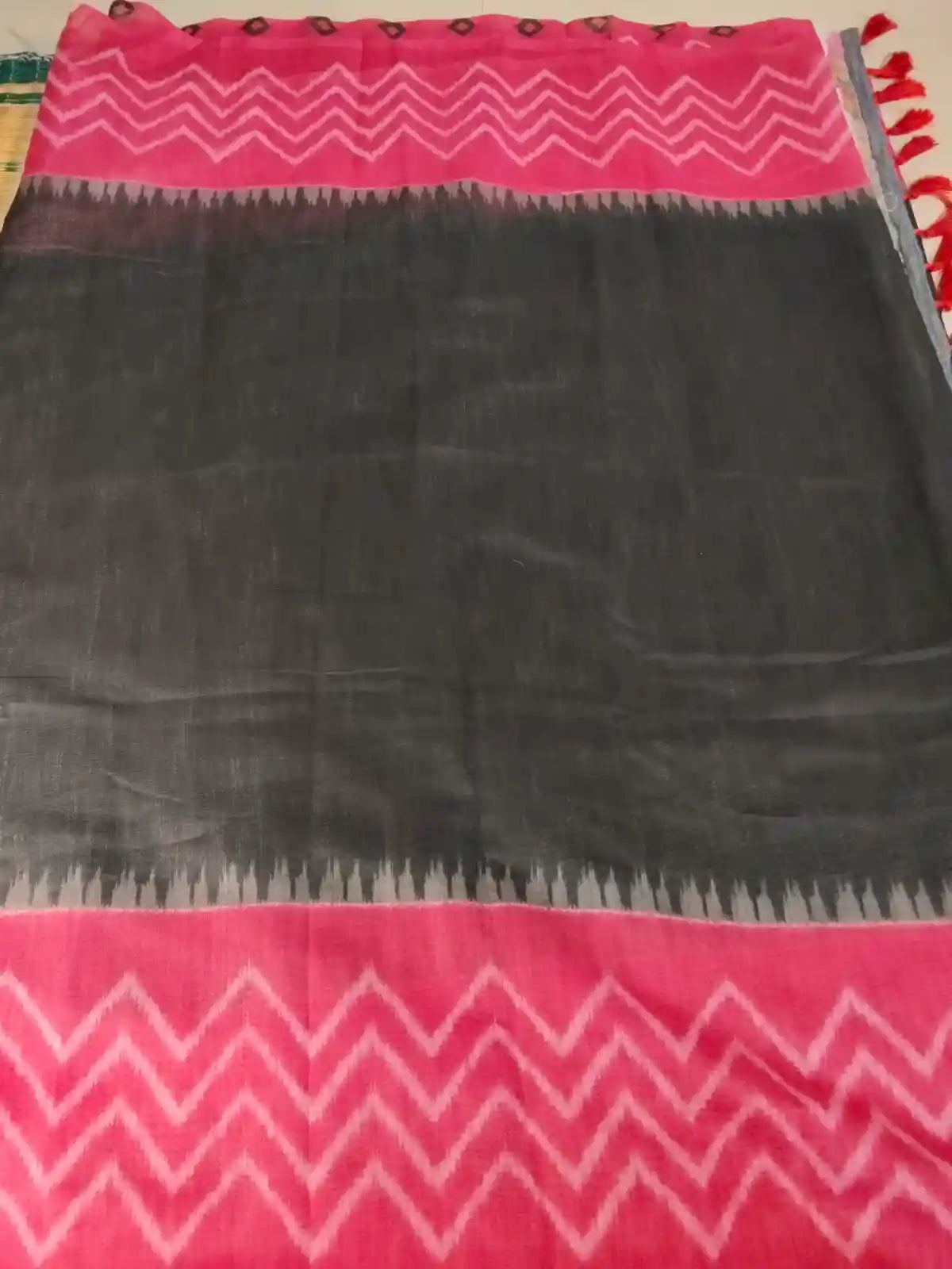Black & Pink Linen Blend Ikat and Kalamkari Print Saree