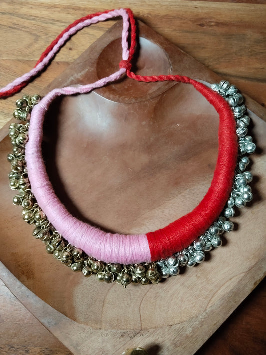 Red & Pink Threaded Tribal Ghungroo Necklace