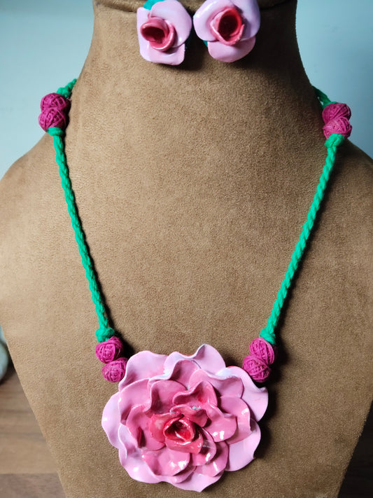 Pink Clay Rose Pendant Chain & Studs